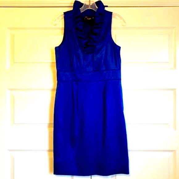 New JUST TAYLOR Royal Blue Satin Formal Dress Sleeveless Ruffle Pleat Collar 6 - Picture 4 of 8